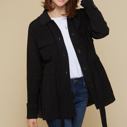 Knit back button down waist tie jacket w pocket