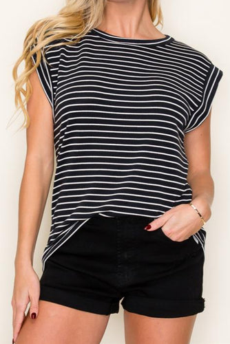 CREW NECK, SHORT SLEEVE, FRENCH TERRY STRIPED TOP