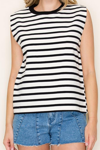 CREW NECK, SLEEVELESS, STRIPED FRENCH TERRY TOP