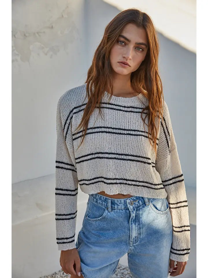 Knit Polyester Double Striped Long Sleeve Top