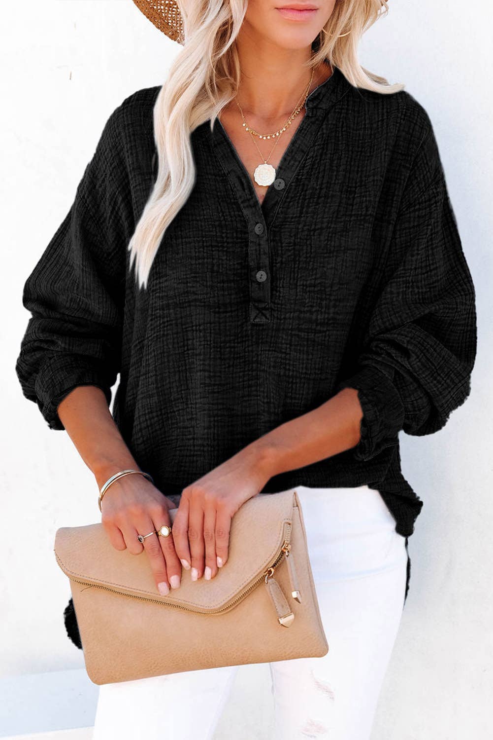 Crinkle Textured Loose Henley Top