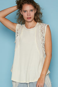 Oversize round neck sleeveless crochet detail top