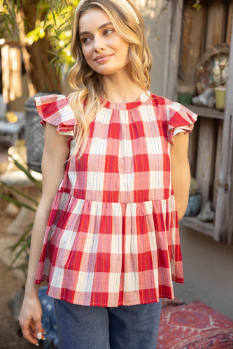 Plaid Tiered Ruffle Sleeve Top