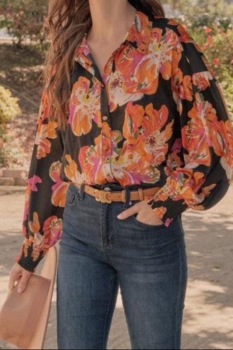 Satin Flower Print Collar Neck Top