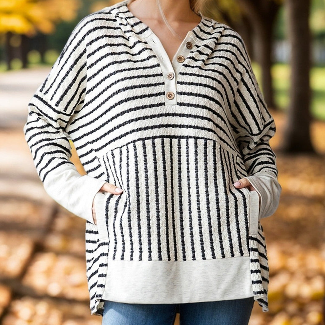Stripe And Solid Contrast Hoodie