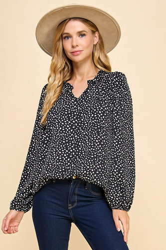 Polka Dot Ruffle V-Neck Blouse