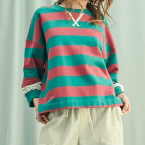 Floral Contrast Striped Knit Pullover