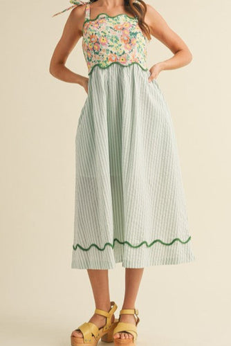 Mixed Print Scallop Midi Dress