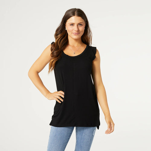 Maeve Long Tank with Cap Sleeve Ruffle - Black