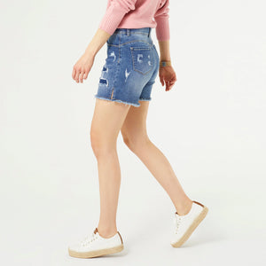 OMG ZoeyZip Jean Shorts with Patchwork - Dark Denim