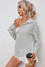 Load image into Gallery viewer, White Striped Thumbhole Drop Shoulder V Neck Top