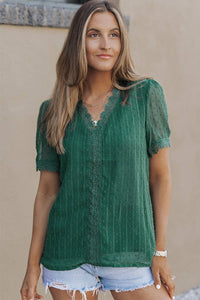 Green Lace Splicing V-Neck Swiss Dot Short Sleeve Top