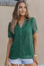 Load image into Gallery viewer, Green Lace Splicing V-Neck Swiss Dot Short Sleeve Top