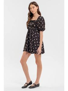 Polka Dot Balloon Sleeve Pleated Mini Dress