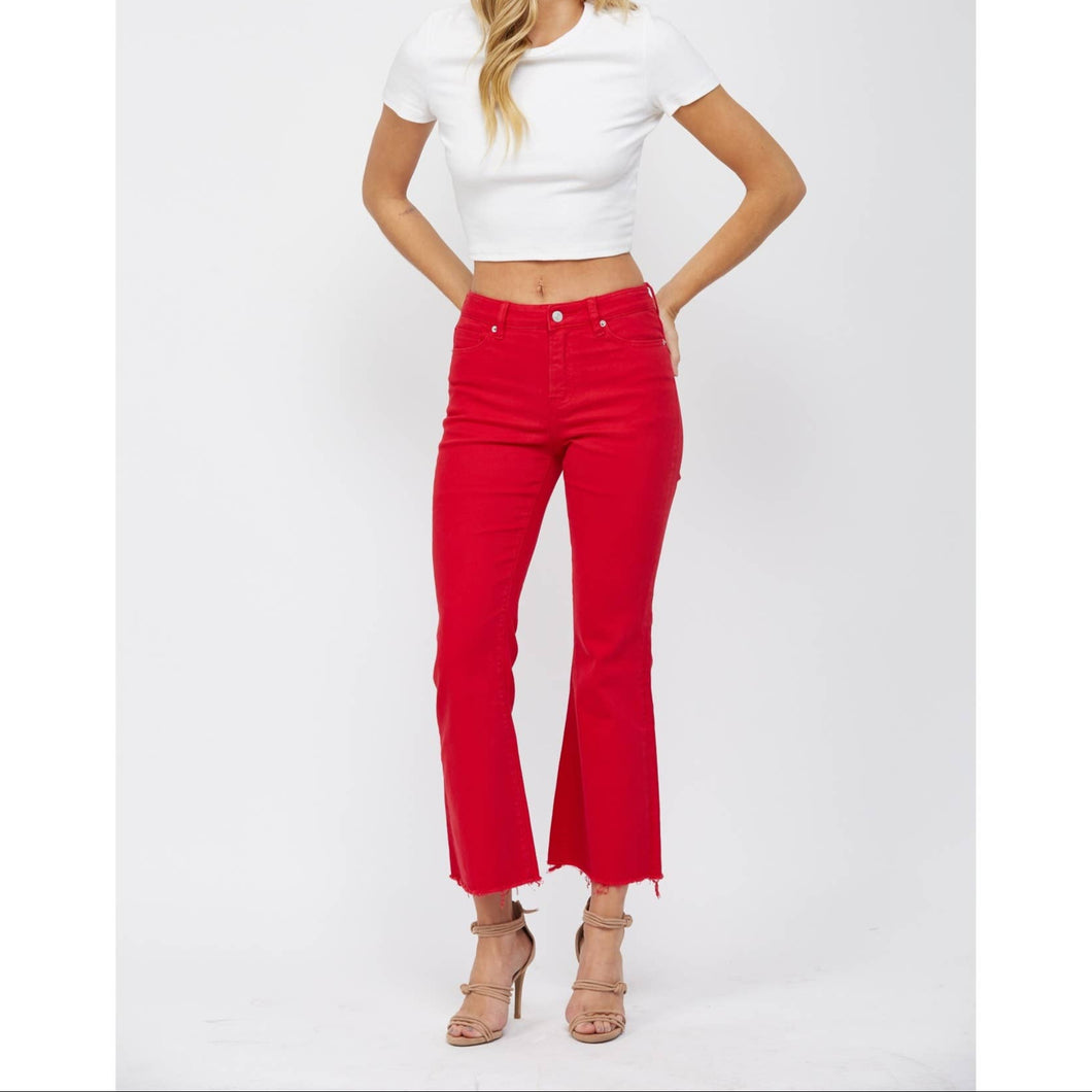 RED HIGH RISE ANKLE FLARE