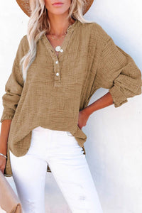 Crinkle Textured Loose Henley Top