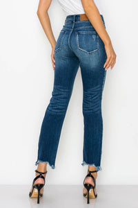 HIGH RISE DOUBLE WAIST BAND STRAIGHT RAW HEM JEANS