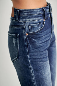 HIGH RISE DOUBLE WAIST BAND STRAIGHT RAW HEM JEANS