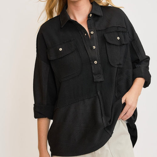 Linen Blend Half Button Down Top with Pockets