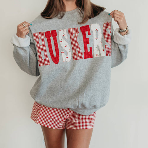 HUSKERS PATCHWORK GREY CREW