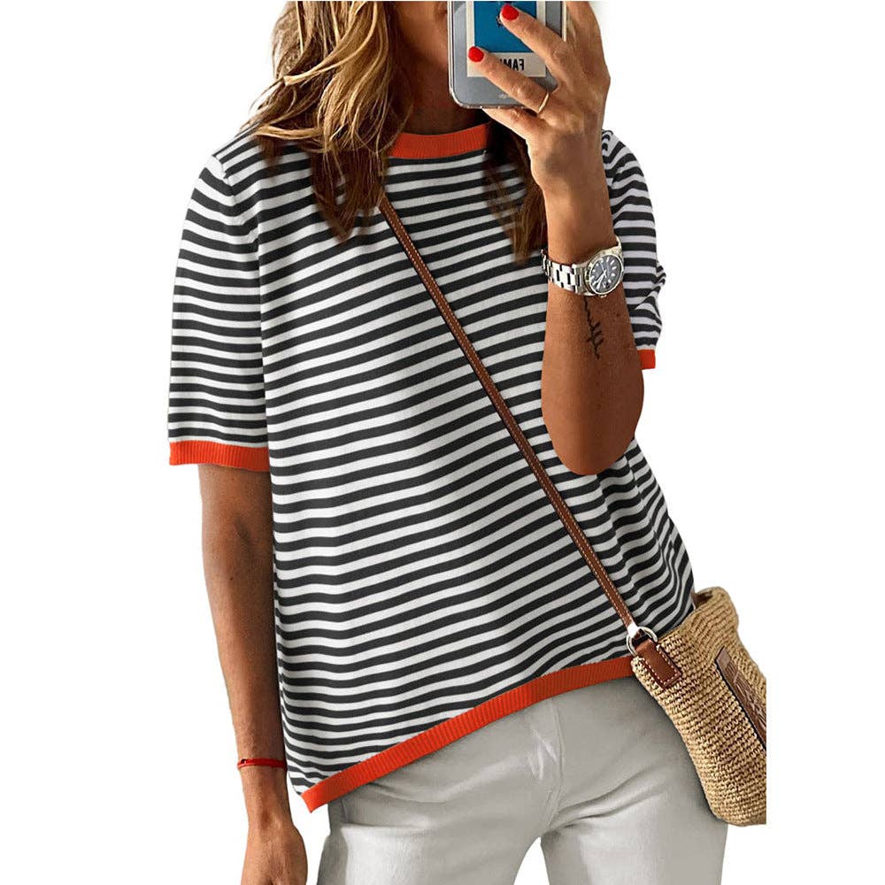 Crew Neck Striped Contrast Sweater