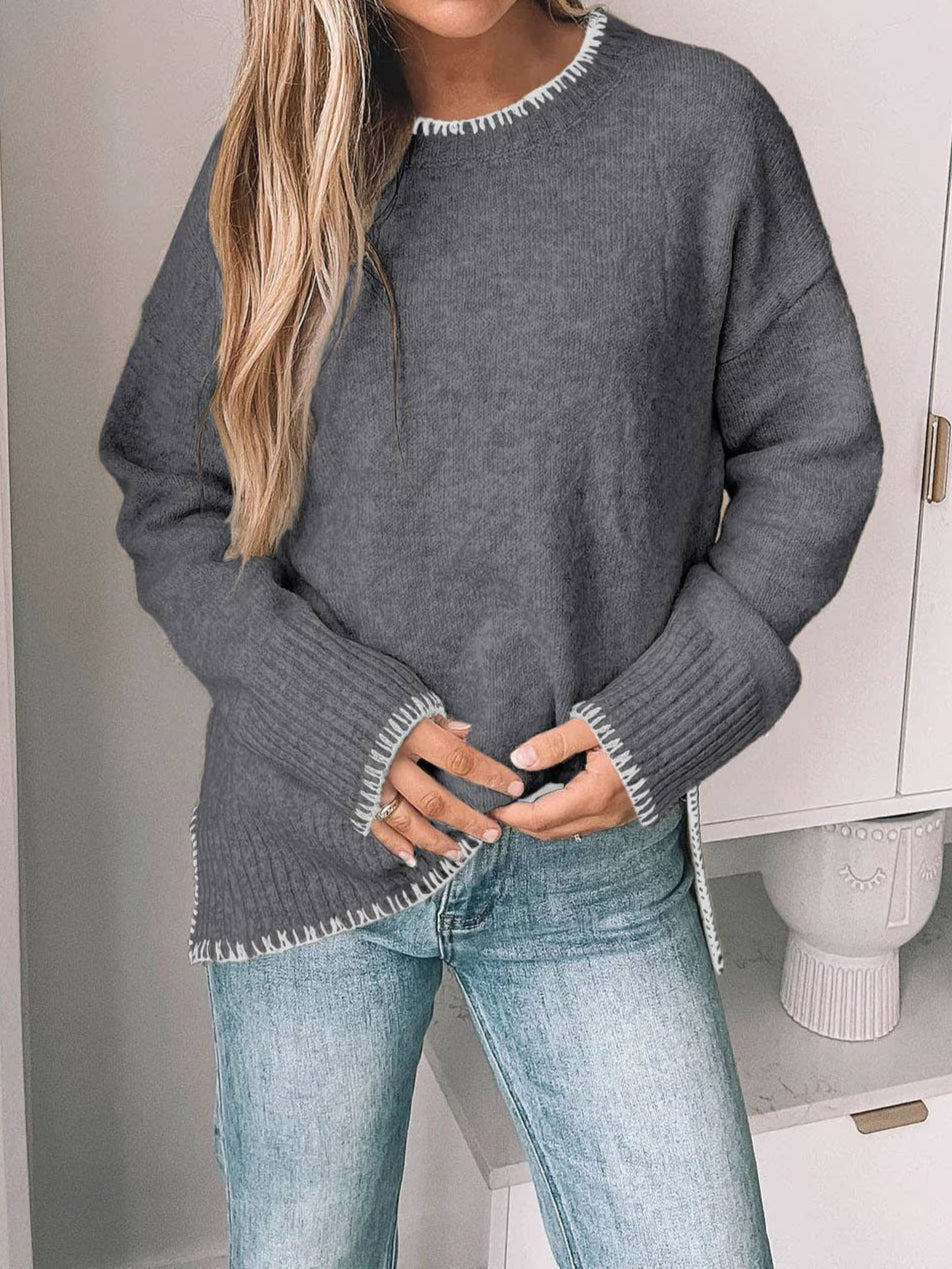 Solid Color Split-end Pullover Sweater