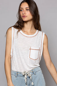 Round Neck Sleeveless Pocket Front Solid Top