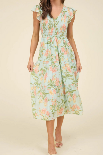 Floral V-neck Tiered Midi Dress