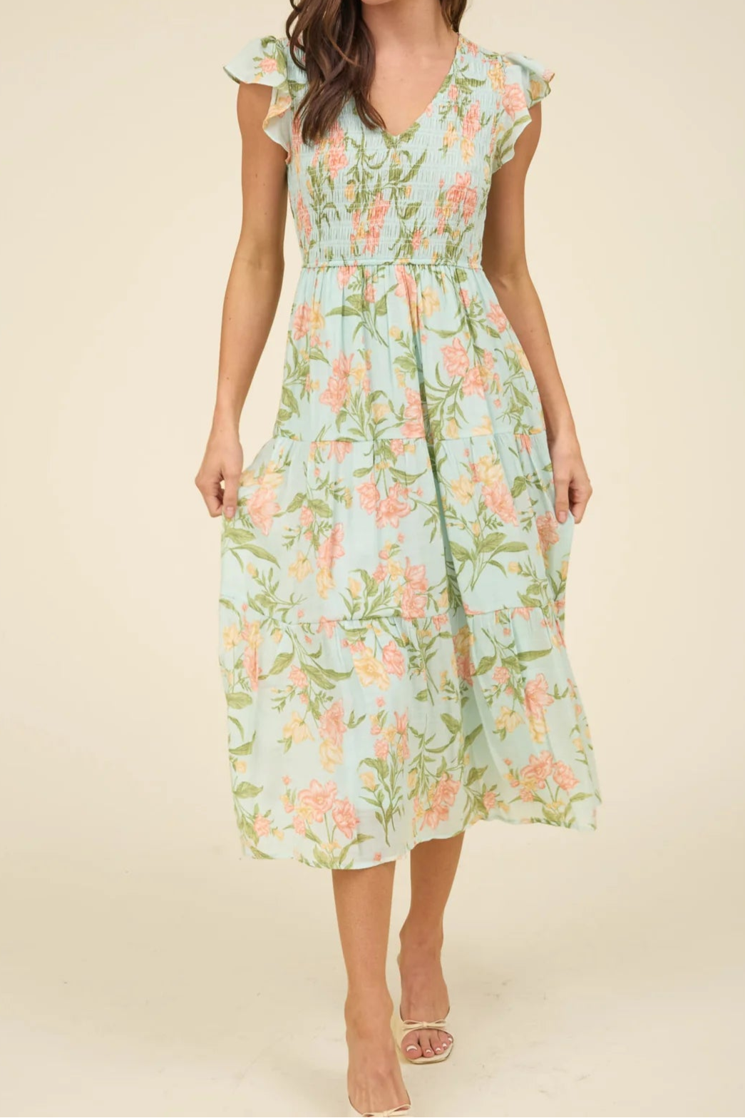 Floral V-neck Tiered Midi Dress