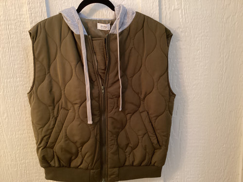 ZIPPER FRONT QUILTED PUFFER VEST CONTRAST HOODIE