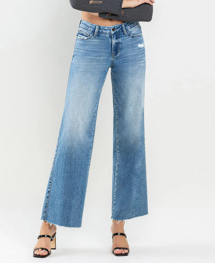 Olivia - Mid Rise Raw Hem Wide Leg Jeans