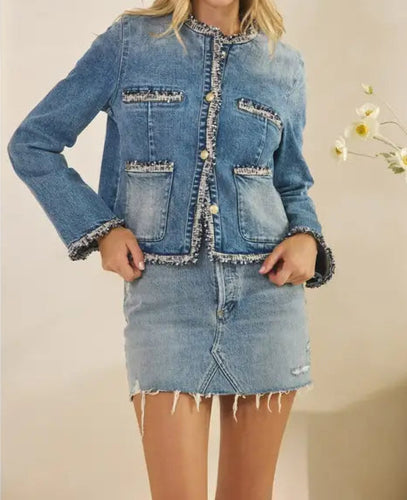 Tweed Trimmed  Denim Jacket