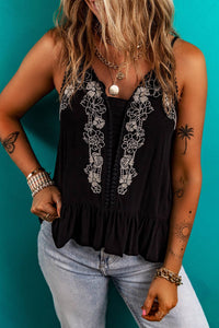Black Floral Embroidery Ruffled Tank Top