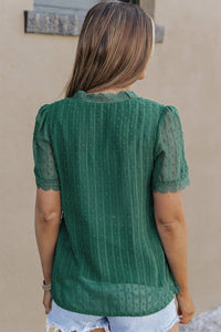 Green Lace Splicing V-Neck Swiss Dot Short Sleeve Top