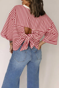 Red Stripe Bowknot Cutout Back Tee