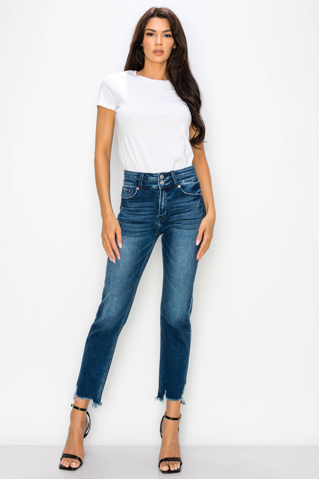 HIGH RISE DOUBLE WAIST BAND STRAIGHT RAW HEM JEANS