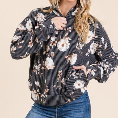 Floral Printed Long Sleeve Top with Quarter Zip