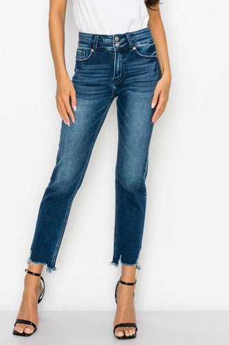 HIGH RISE DOUBLE WAIST BAND STRAIGHT RAW HEM JEANS