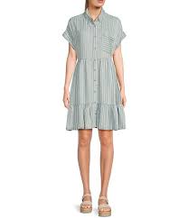 Short Sleeve Stripe Chambray Ruffle Dress