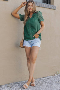 Green Lace Splicing V-Neck Swiss Dot Short Sleeve Top