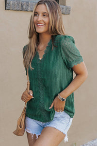 Green Lace Splicing V-Neck Swiss Dot Short Sleeve Top