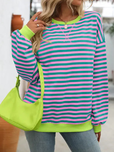 Striped Crew Neck Contrast Color Sweatshirt