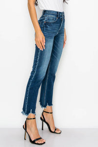 HIGH RISE DOUBLE WAIST BAND STRAIGHT RAW HEM JEANS