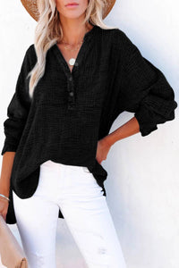 Crinkle Textured Loose Henley Top