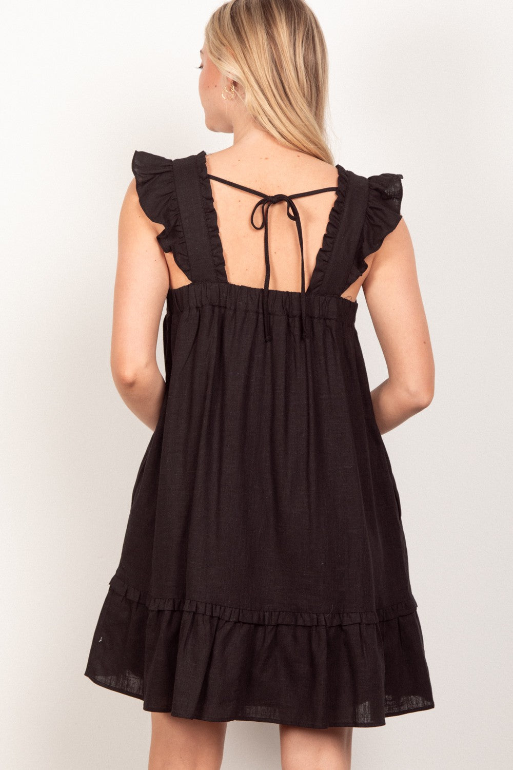 Ruffled Solid Linen Backless Mini Dress