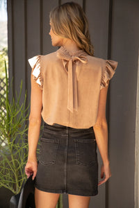 Ruffle Sleeve Tie Back Curduroy Top